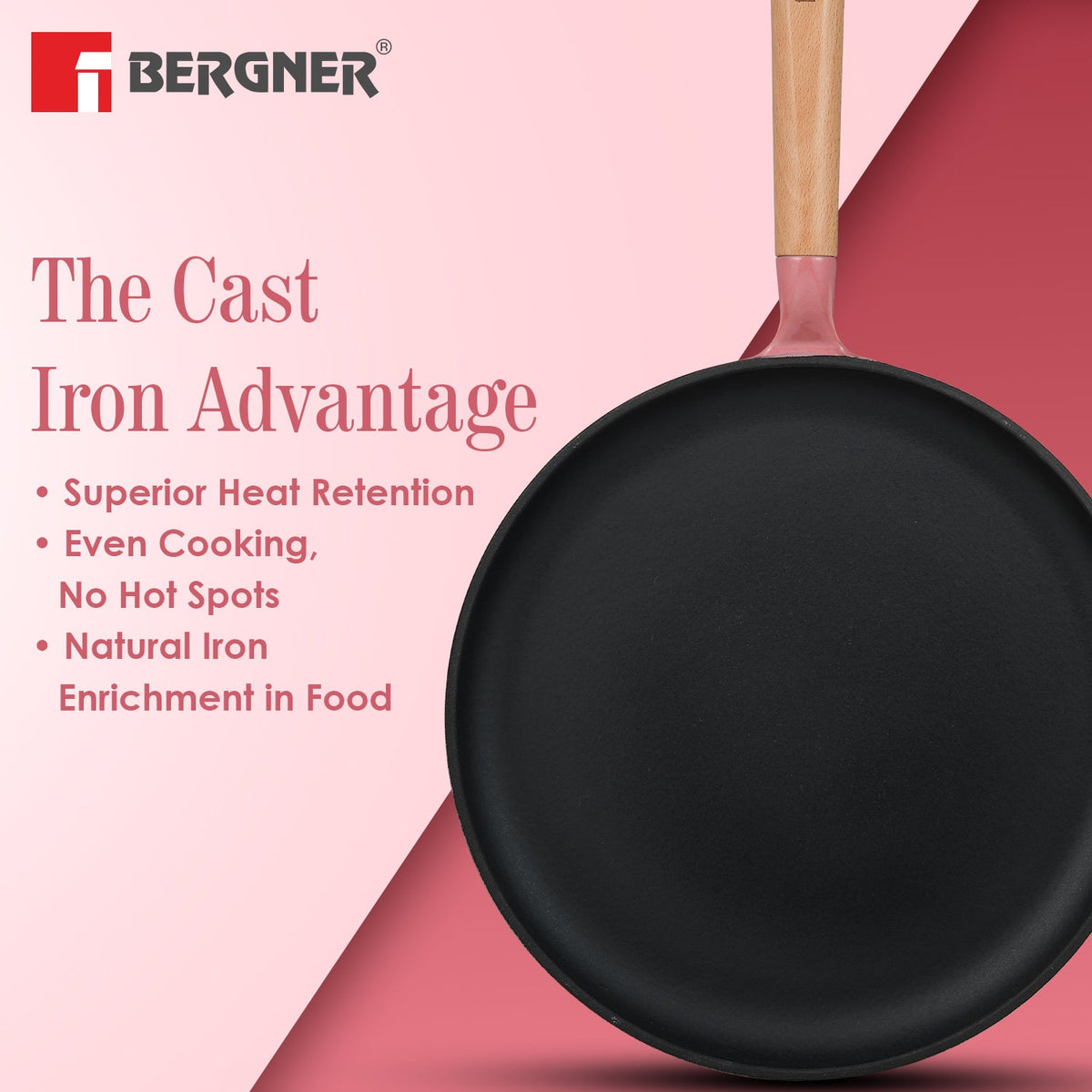 Bergner Excalibur Light Cast Iron Dosa Tawa 30cm - Induction Bottom, Pink