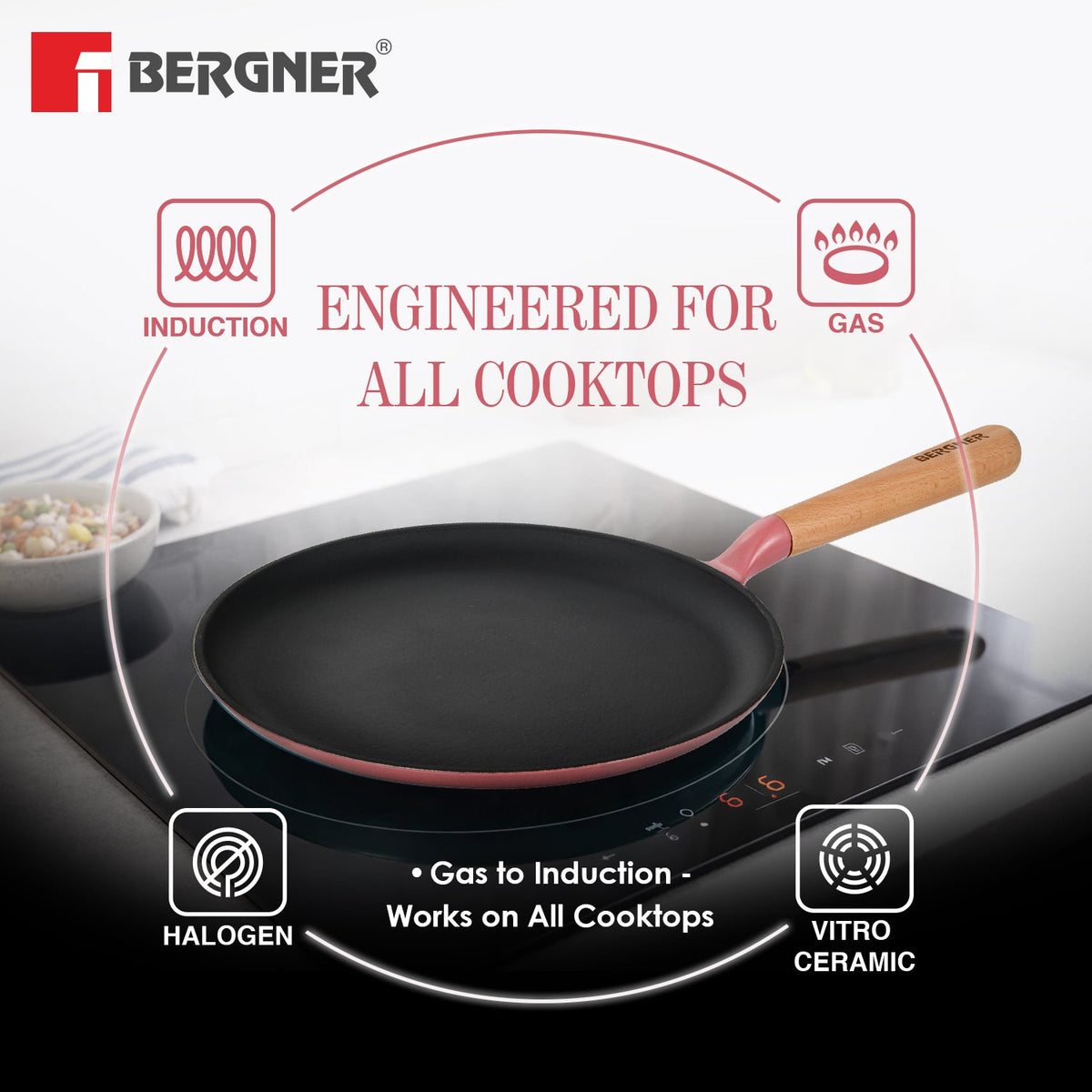 Bergner Excalibur Light Cast Iron Dosa Tawa 30cm - Induction Bottom, Pink