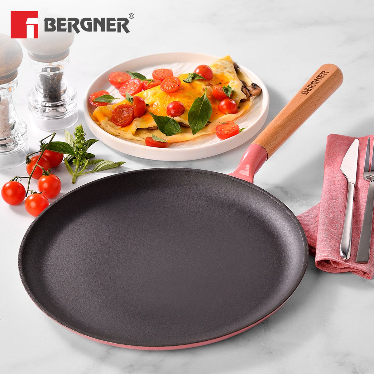 Bergner Excalibur Light Cast Iron Dosa Tawa 30cm - Induction Bottom, Pink