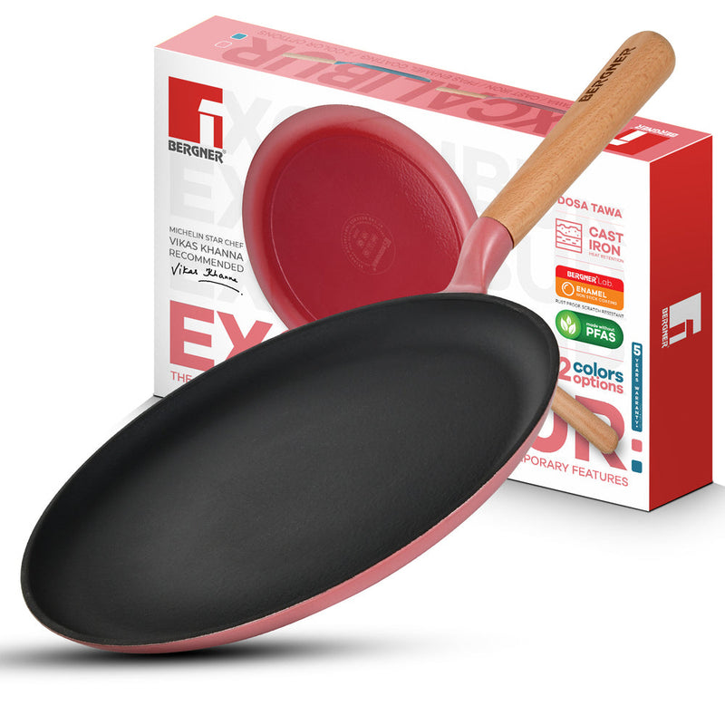 Bergner Excalibur Light Cast Iron Dosa Tawa 30cm - Induction Bottom, Pink