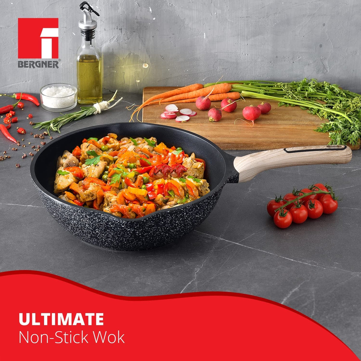 Bergner Ultimate ILag Marble Non-Stick Wok 30cm, 4.6 L - Induction Bottom