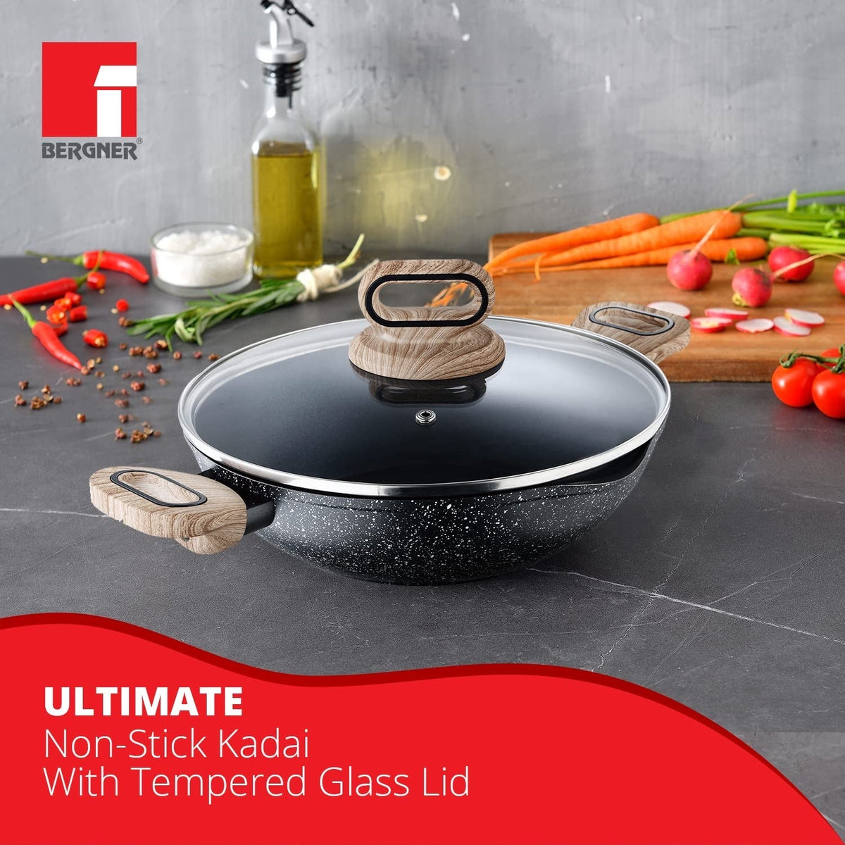 Bergner Ultimate ILag Marble Non-Stick Kadai 28 cm, 3.3 Litres - Induction Bottom