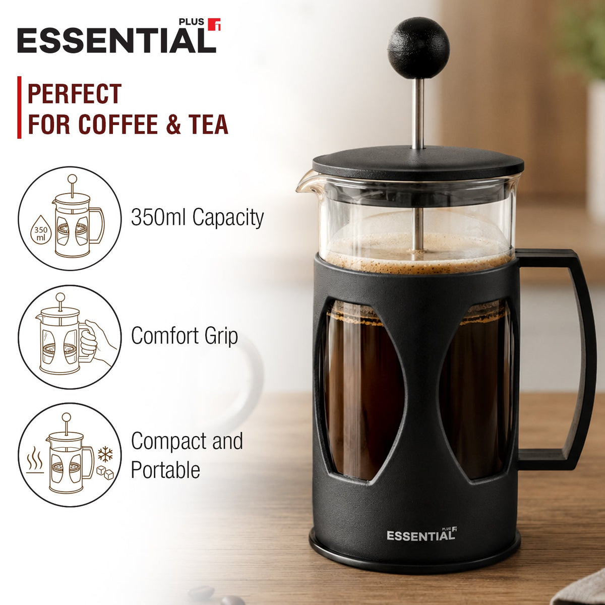 Bergner Essential Plus Borosilicate Glass 350 ml French Press (Coffee Plunger)