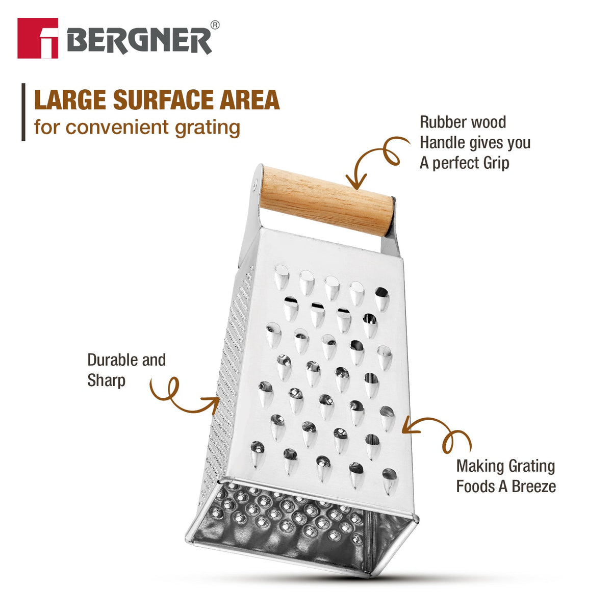 Bergner Essential Plus Stainless Steel 4 Sided Multi Function Grater with wood handle