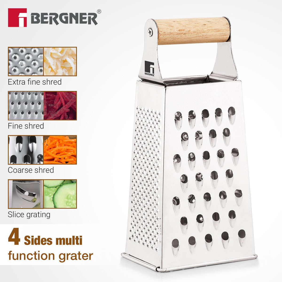 Bergner Essential Plus Stainless Steel 4 Sided Multi Function Grater with wood handle