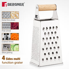 Bergner Essential Plus Stainless Steel 4 Sided Multi Function Grater with wood handle