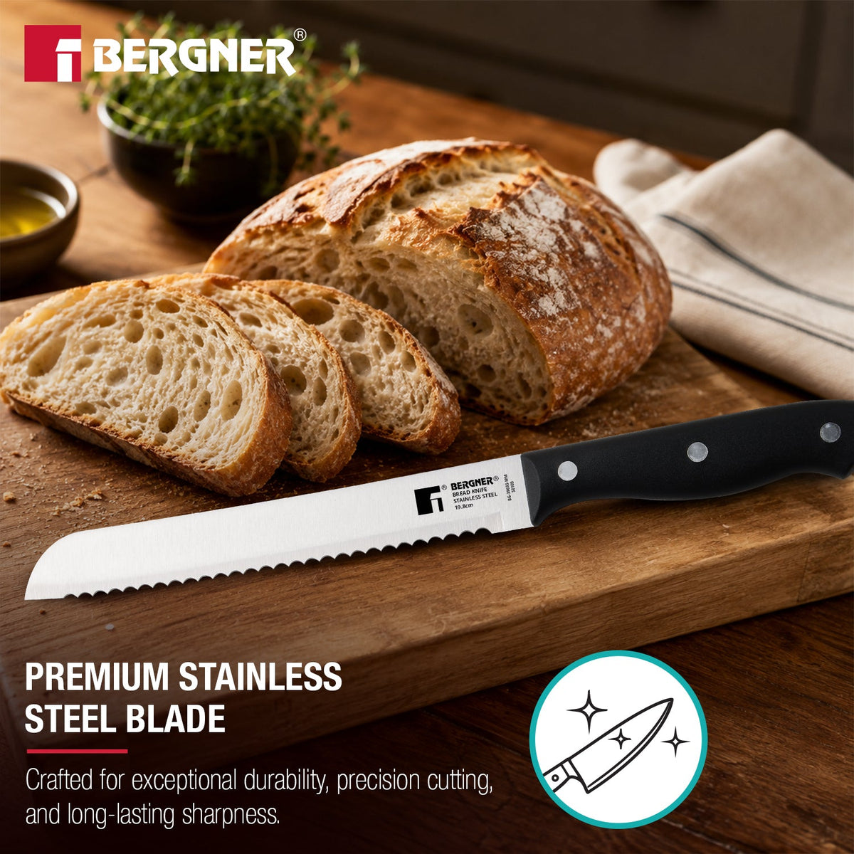 Bergner Essential Plus Stainless Steel Bread Knife 19.8cm