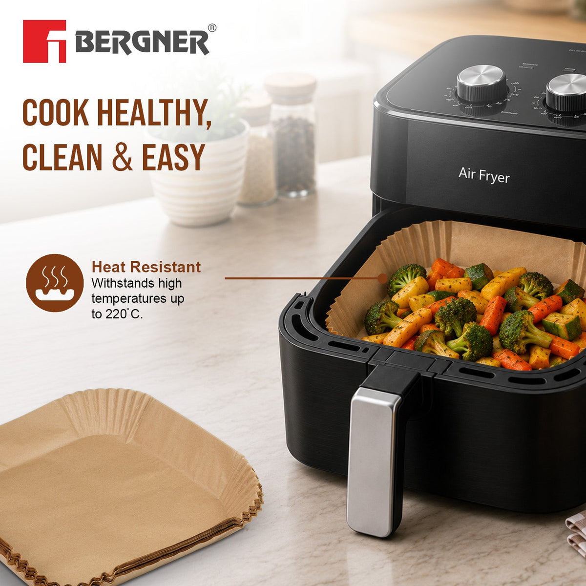 Bergner Essential Plus 100 Pcs Square Air Fryer Tray Parchment Paper