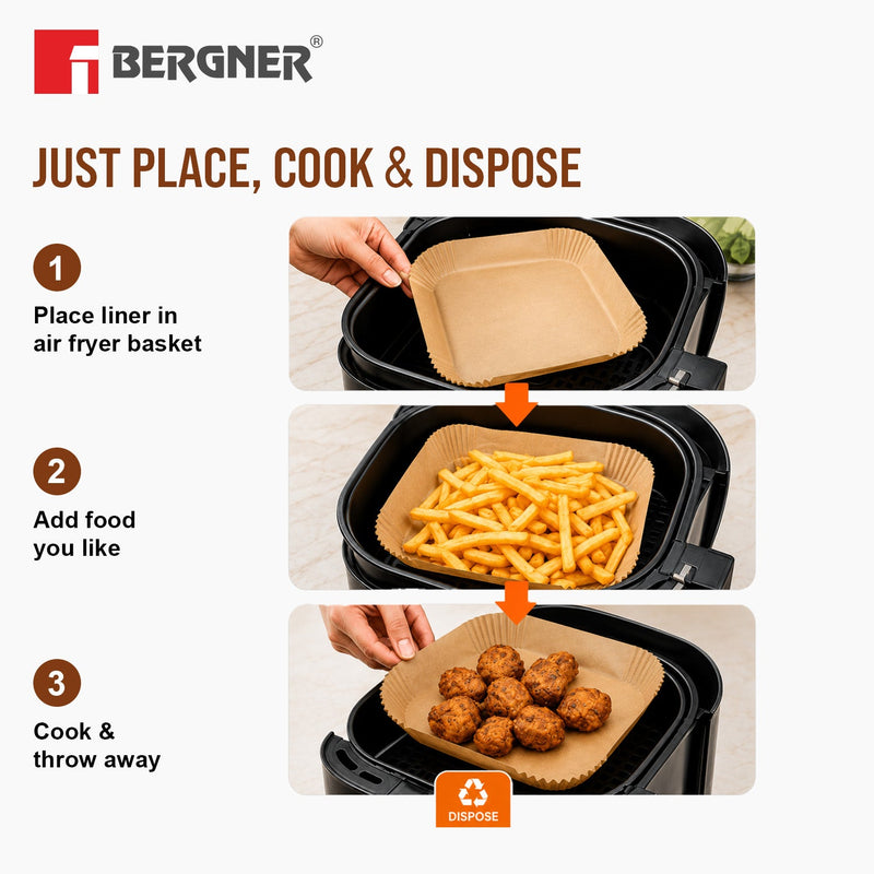 Bergner Essential Plus 100 Pcs Square Air Fryer Tray Parchment Paper