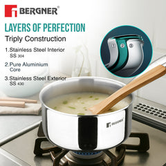 Bergner Argent 20cm Triply Saucepan/ Teapan with Lid with Stay Cool Cast Handle