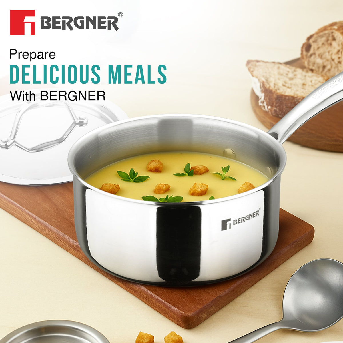Bergner Argent 20cm Triply Saucepan/ Teapan with Lid with Stay Cool Cast Handle