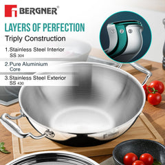 Bergner Argent Triply 34cm / 7.8L Kadai with Stainless Steel Lid