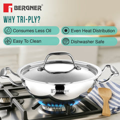 Bergner Argent Triply 34cm / 7.8L Kadai with Stainless Steel Lid