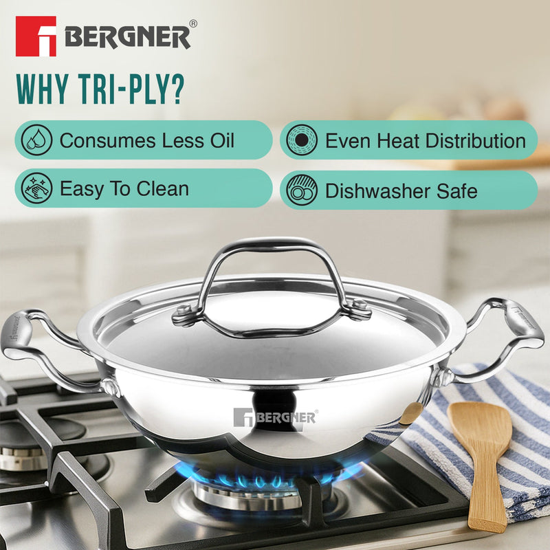 Bergner Argent Triply 34cm / 7.8L Kadai with Stainless Steel Lid