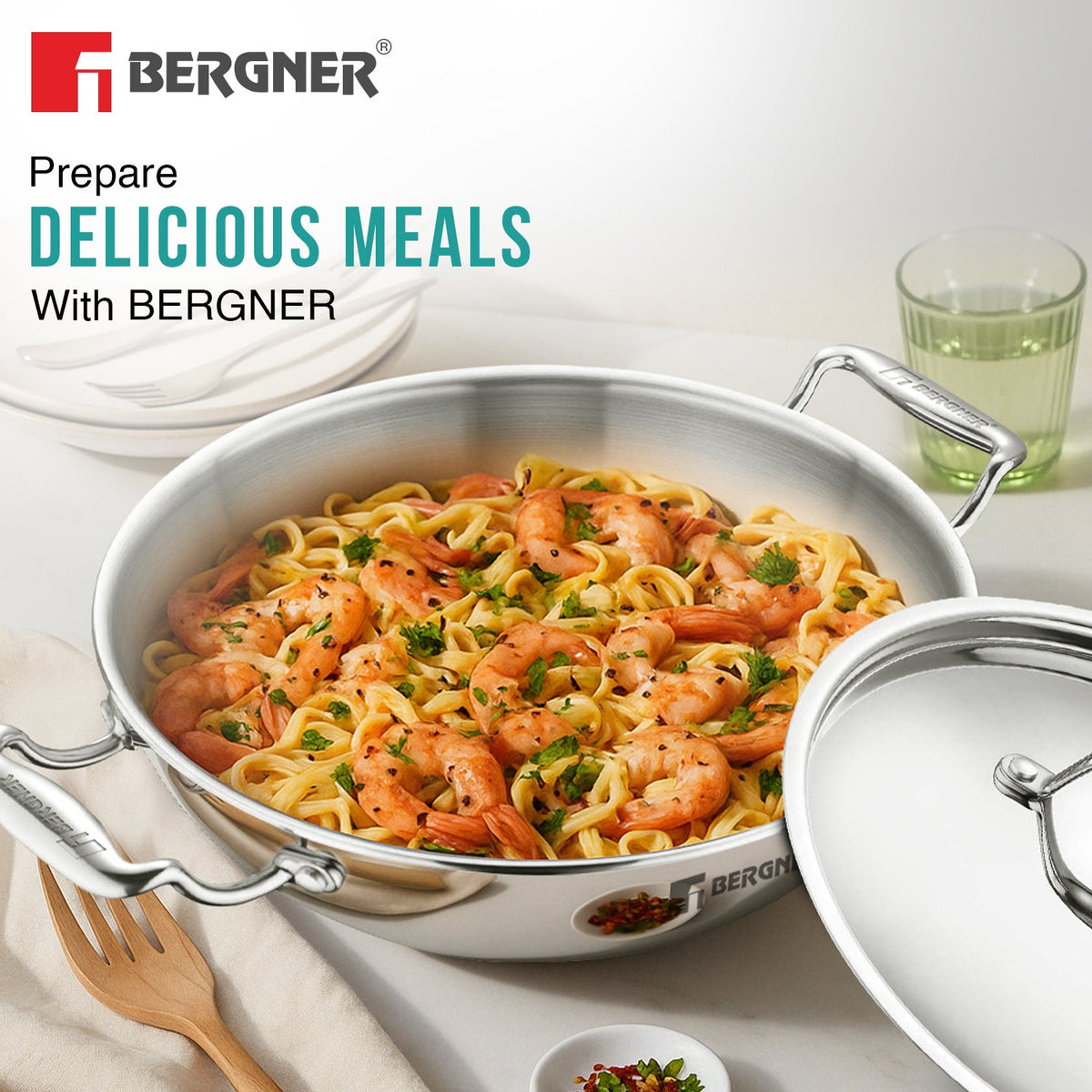 Bergner Argent Triply 34cm / 7.8L Kadai with Stainless Steel Lid