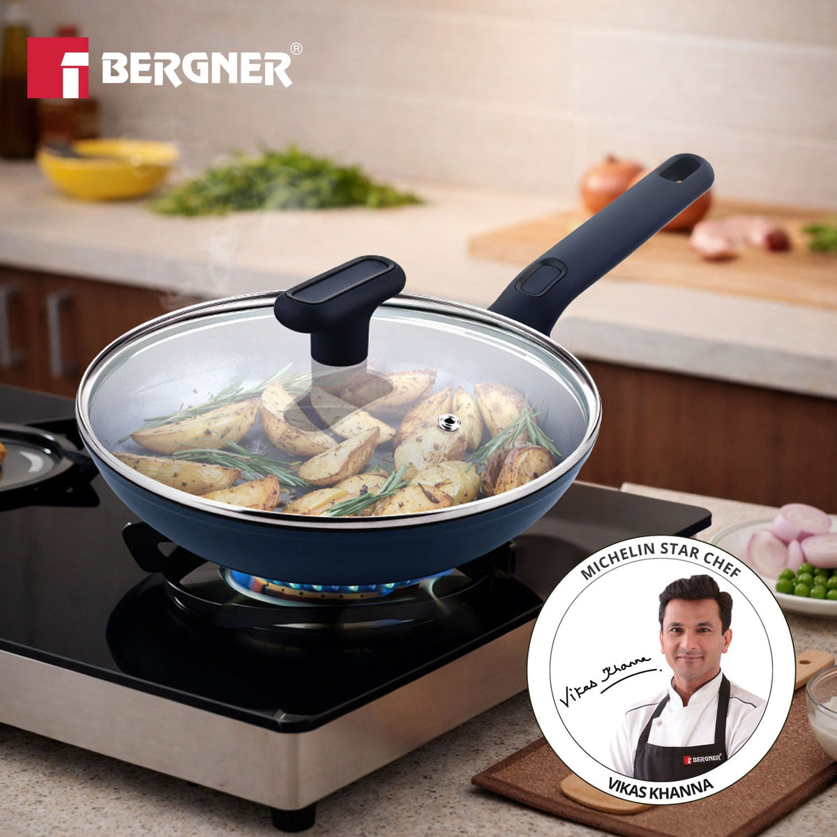 Bergner Jade 24cm Frypan with Glass Lid, Ceramic Non-Stick Coating - Induction