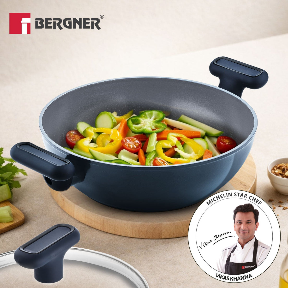 Bergner Jade 24cm (2.5L) Kadai with Glass Lid, Ceramic Non-Stick Coating - Induction