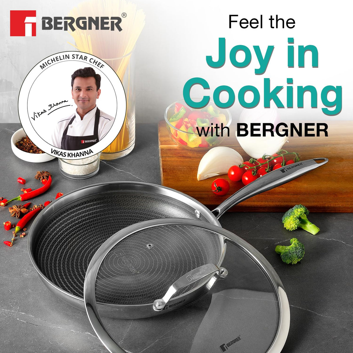 Bergner TriPly Hitech Giro 24cm Frypan with Glass Lid