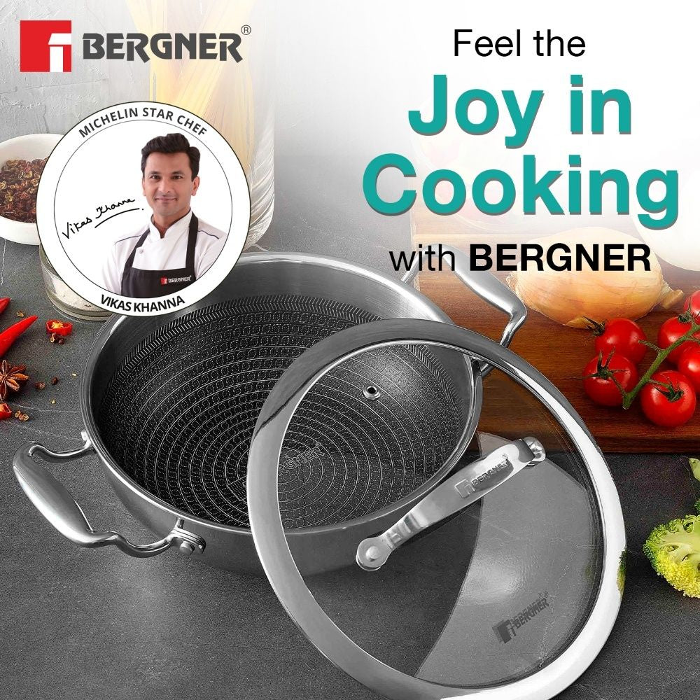 Bergner Hi-Tech Triply Kadai, Honeycomb Healthy Non-Stick Coating - Induction Bottom