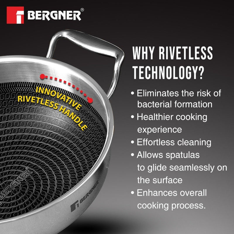Bergner Hi-Tech Triply Kadai, Honeycomb Healthy Non-Stick Coating - Induction Bottom