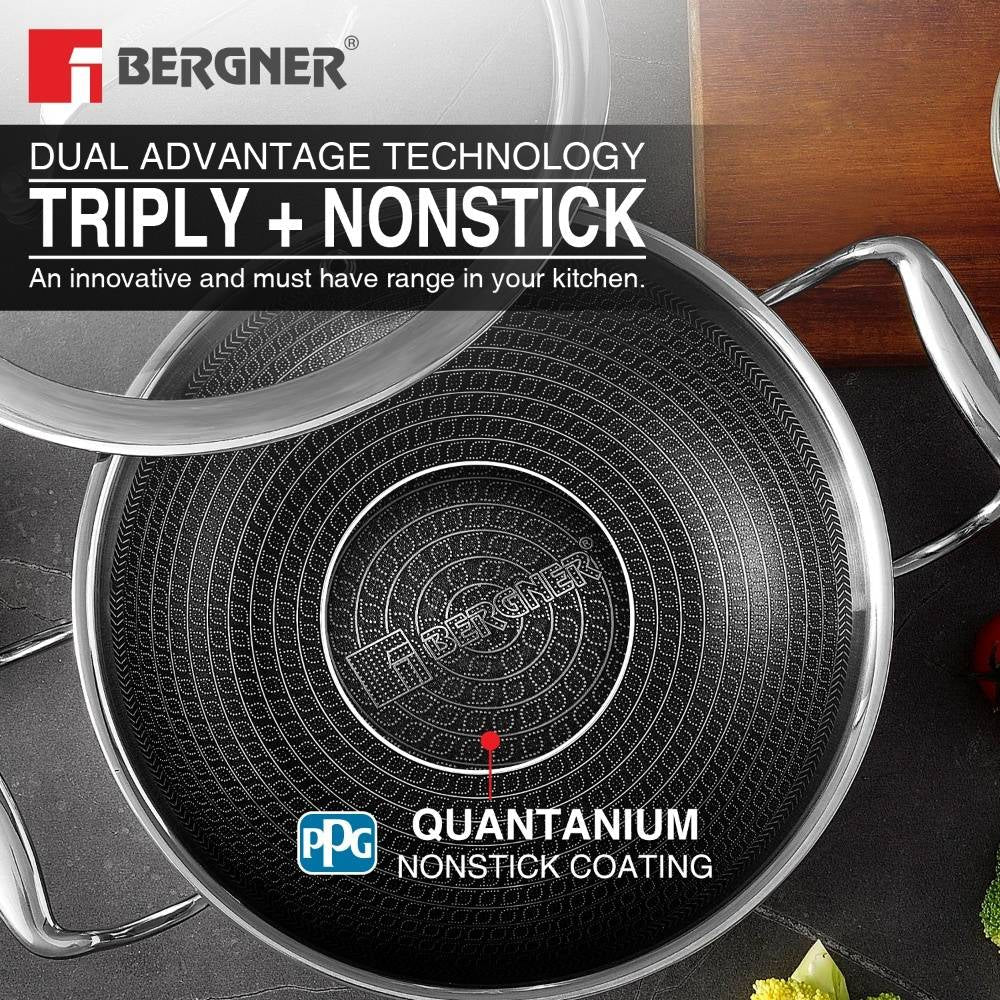 Bergner Hi-Tech Triply Kadai, Honeycomb Healthy Non-Stick Coating - Induction Bottom
