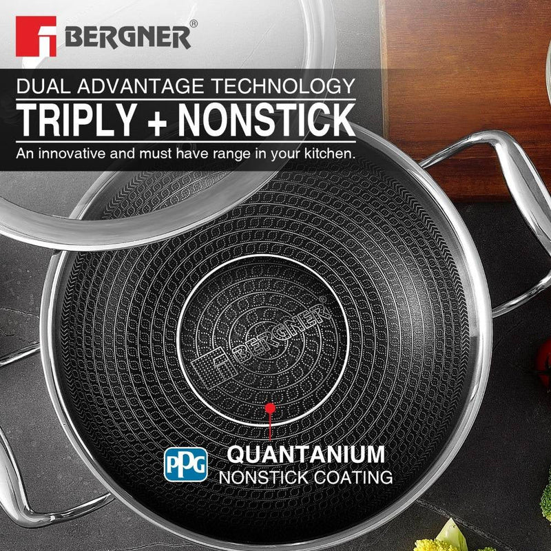 Bergner Hi-Tech Triply Kadai, Honeycomb Healthy Non-Stick Coating - Induction Bottom