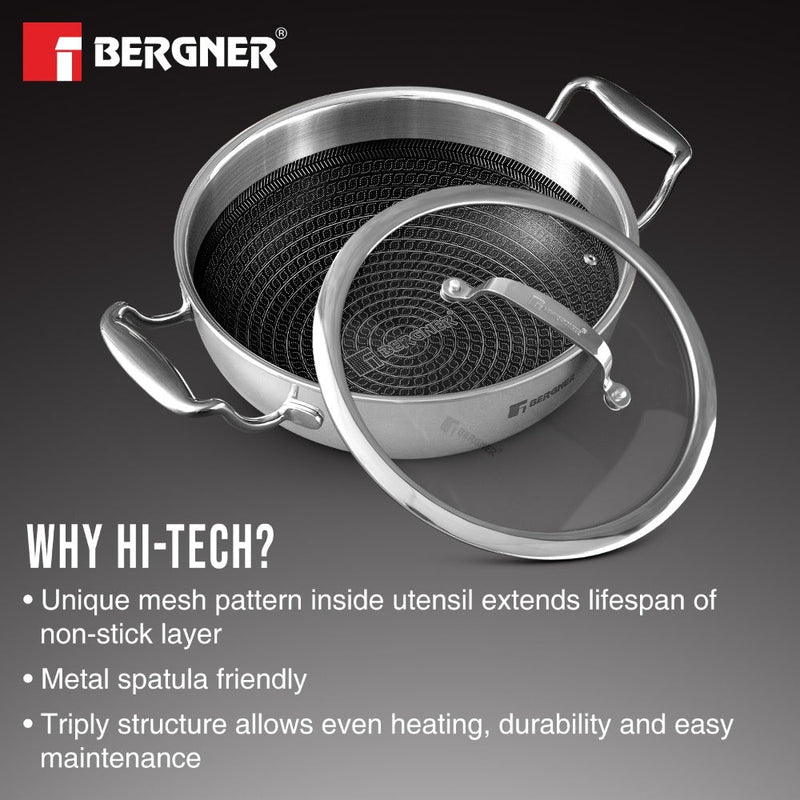 Bergner Hi-Tech Triply Kadai, Honeycomb Healthy Non-Stick Coating - Induction Bottom