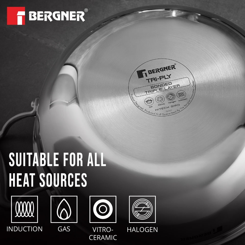 Bergner Hi-Tech Triply Kadai, Honeycomb Healthy Non-Stick Coating - Induction Bottom