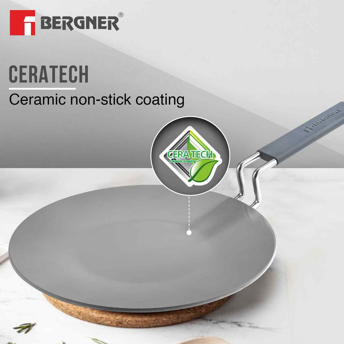 Bergner Triply Argent Ceramica 22cm Roti Tawa - Induction Compatible