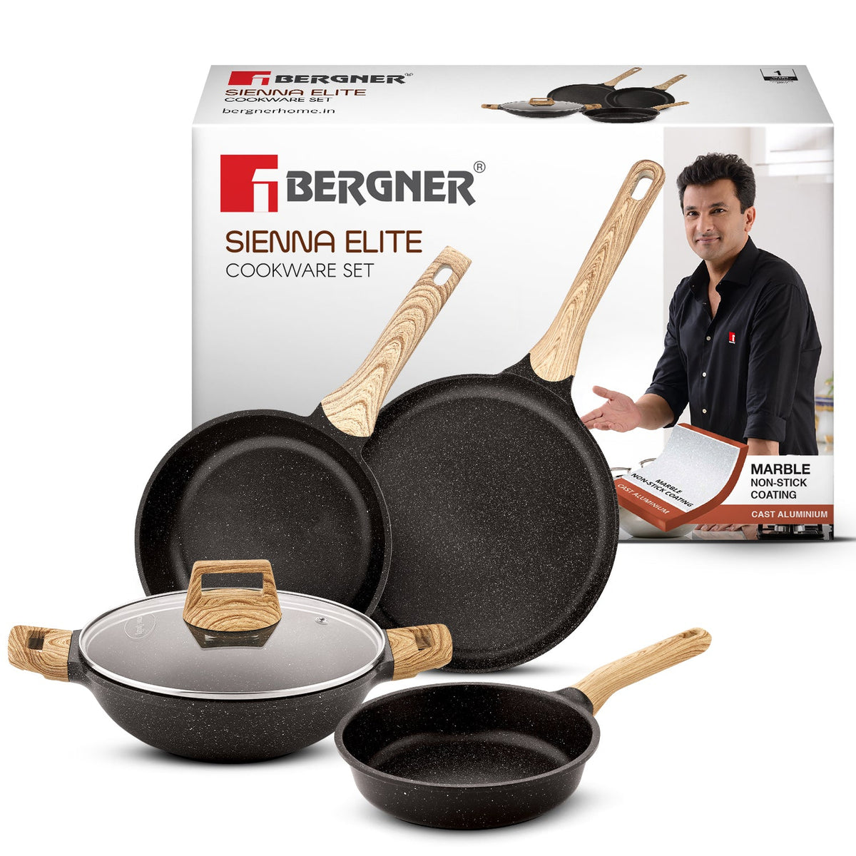 Bergner Sienna Elite Granite 5 Pcs Non-Stick Cookware Set - Induction Bottom