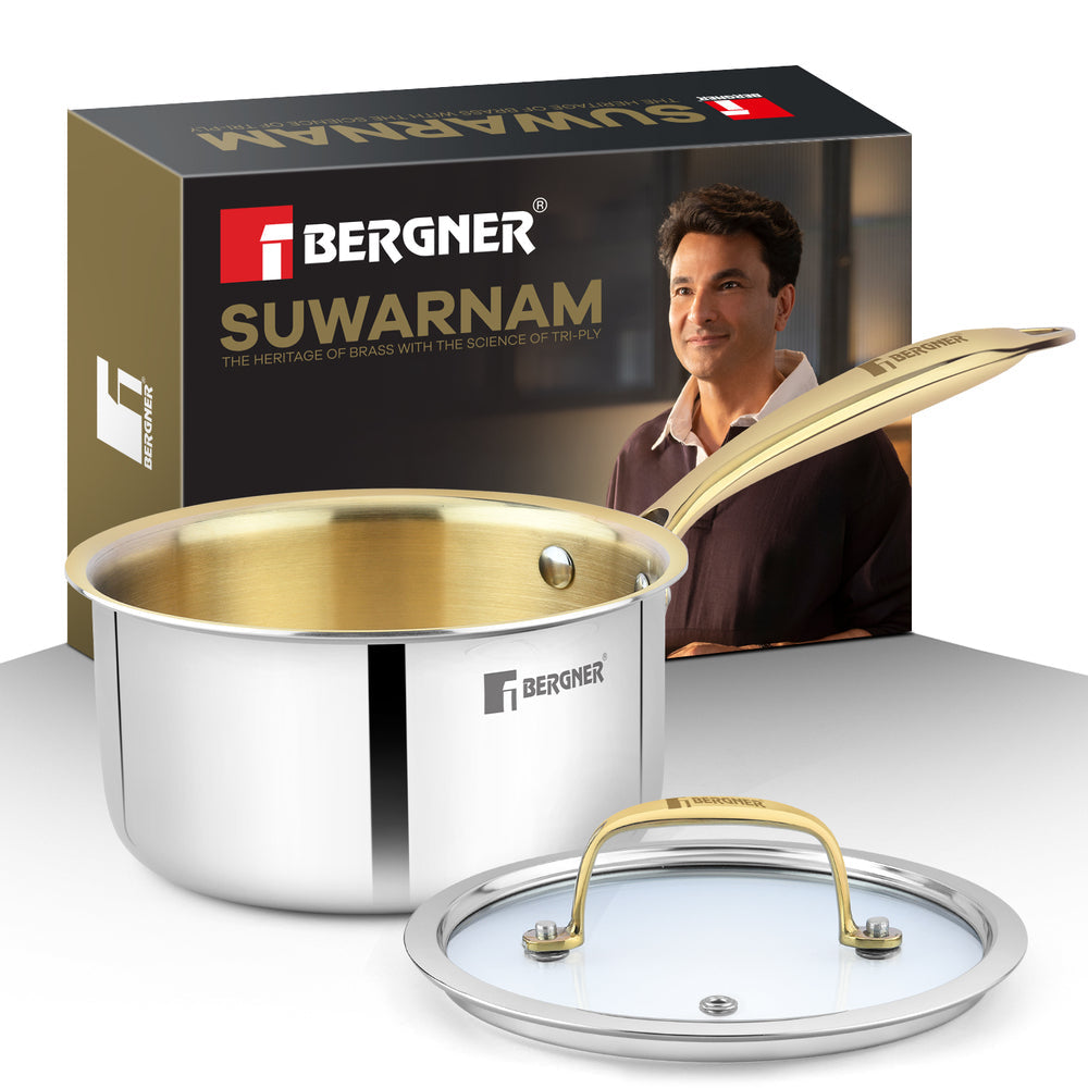 Bergner Suwarnam Triply Brass Saucepan with Flat Glass Lid 16cm | Induction