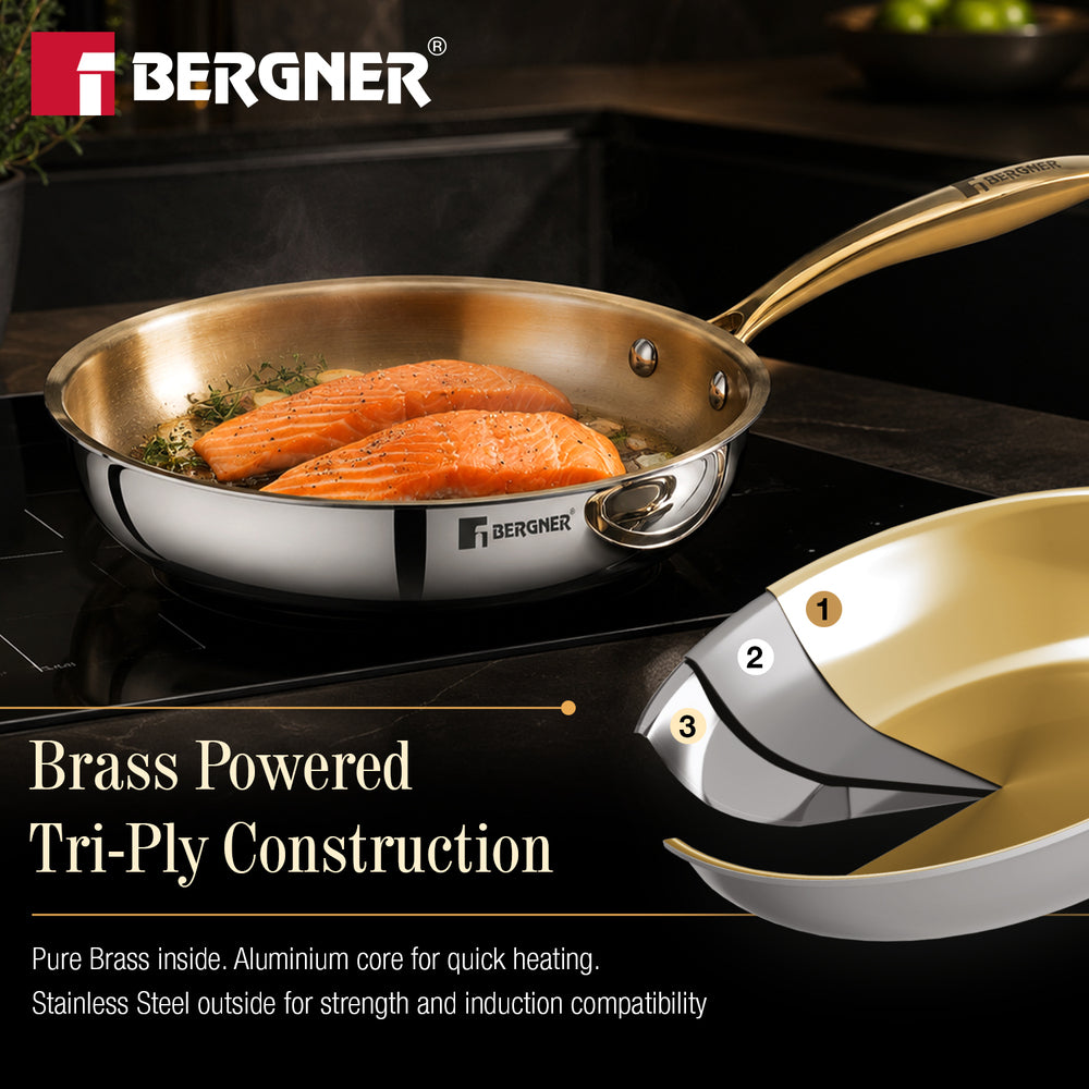 Bergner Suwarnam Triply Brass Frying Pan, 22cm | Induction