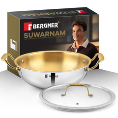 Bergner Suwarnam Triply Brass Kadai 24cm with Glass Lid | Induction