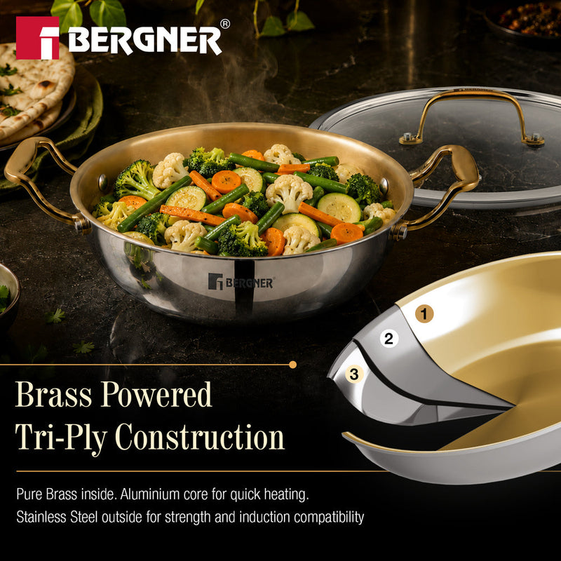 Bergner Suwarnam Triply Brass Kadai 24cm with Glass Lid | Induction