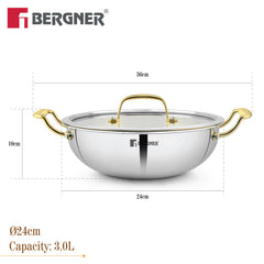 Bergner Suwarnam Triply Brass Kadai 24cm with Glass Lid | Induction