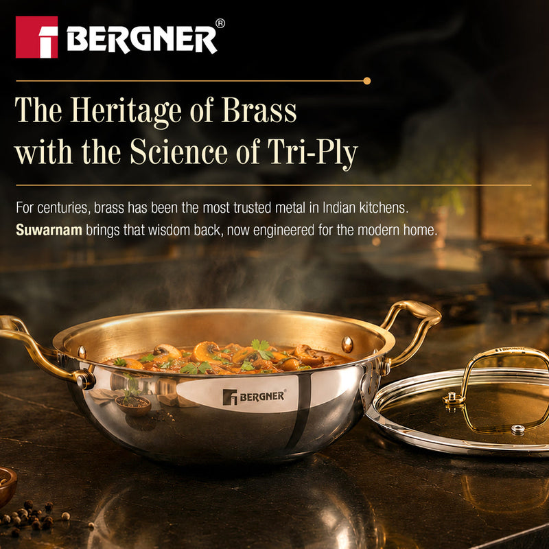 Bergner Suwarnam Triply Brass Kadai 24cm with Glass Lid | Induction