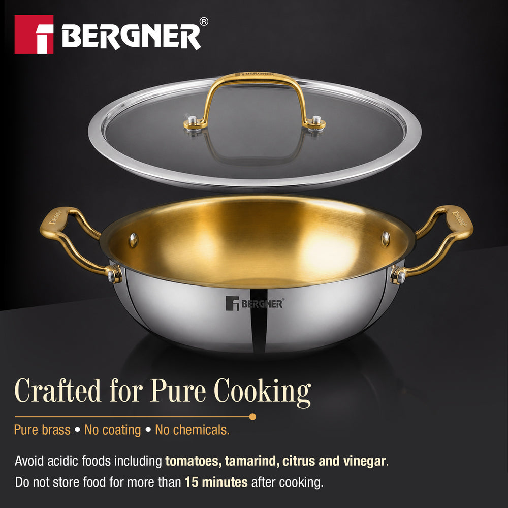 Bergner Suwarnam Triply Brass Kadai 24cm with Glass Lid | Induction