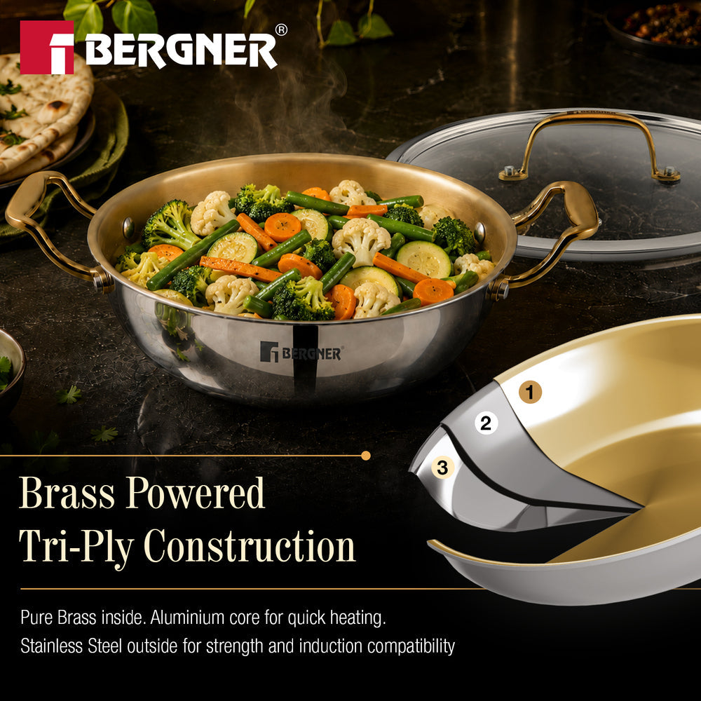 Bergner Suwarnam Triply Brass Kadai 30cm with Glass Lid (5.2L) | Induction