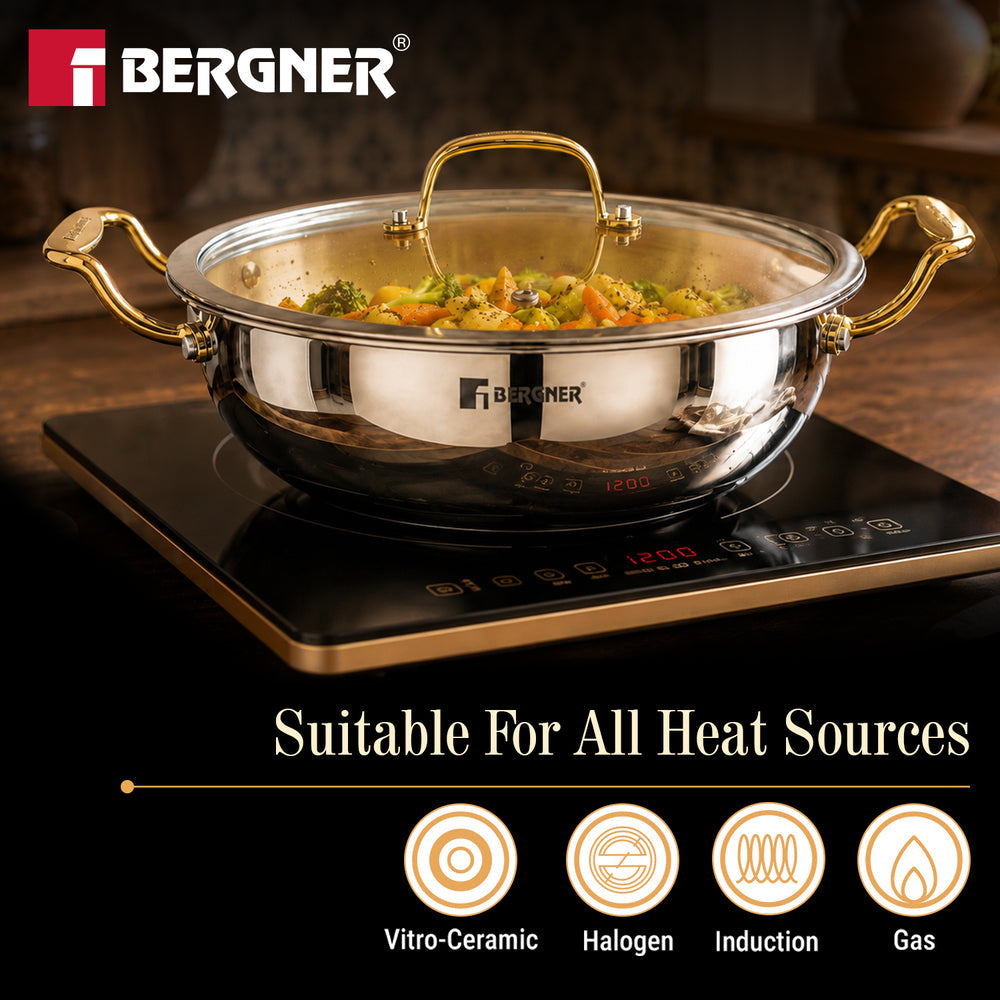 Bergner Suwarnam Triply Brass Kadai 30cm with Glass Lid (5.2L) | Induction