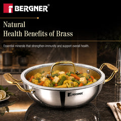Bergner Suwarnam Triply Brass Kadai 30cm with Glass Lid (5.2L) | Induction