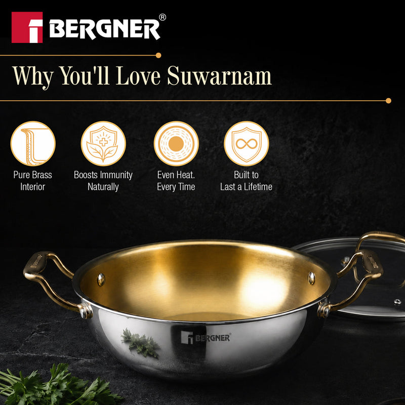 Bergner Suwarnam Triply Brass Kadai 30cm with Glass Lid (5.2L) | Induction
