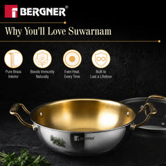 Bergner Suwarnam Triply Brass Kadai 32cm with Glass Lid (6.2L) | Induction