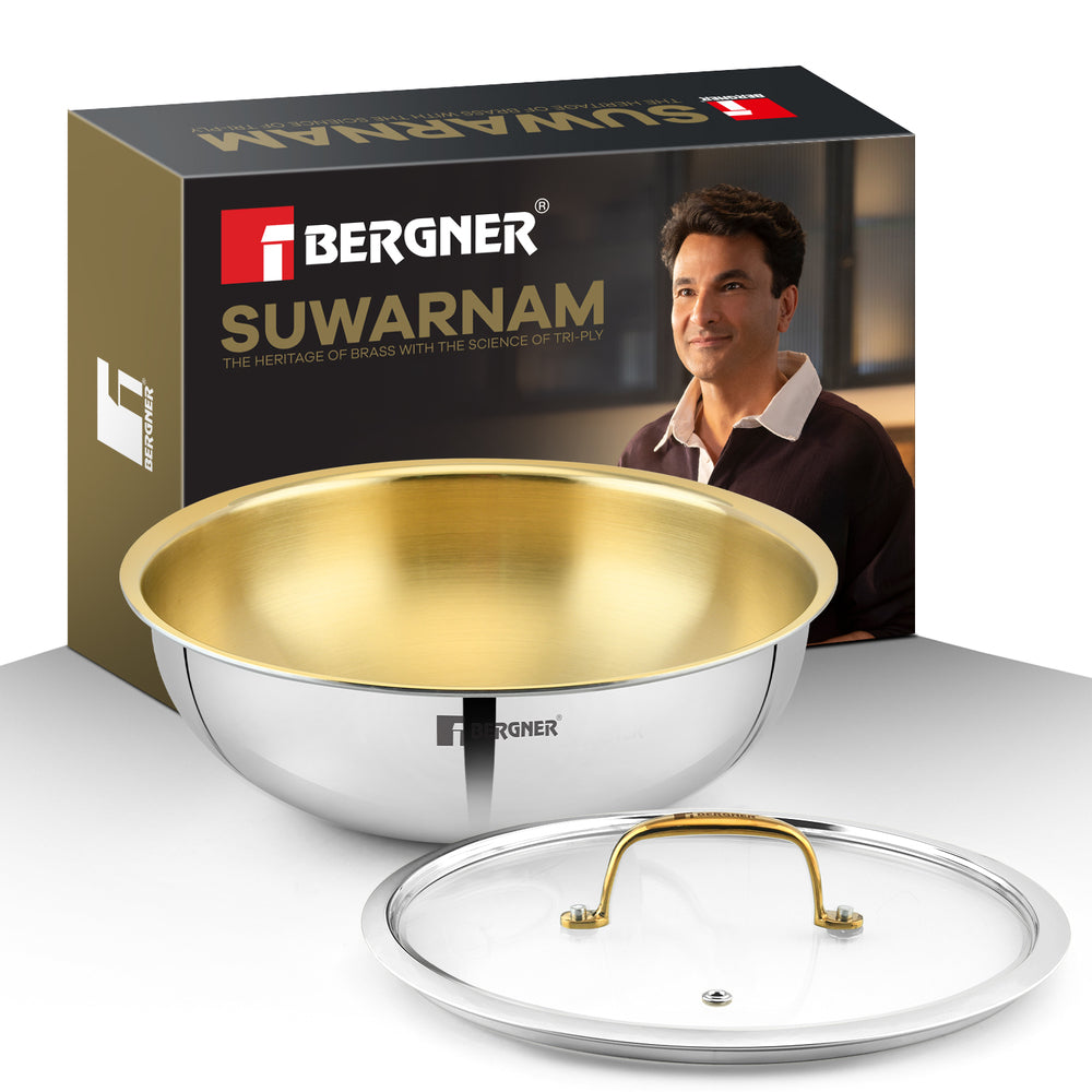 Bergner Suwarnam Triply Brass Tasra with Flat Glass Lid, 20cm (1.7L) | Induction
