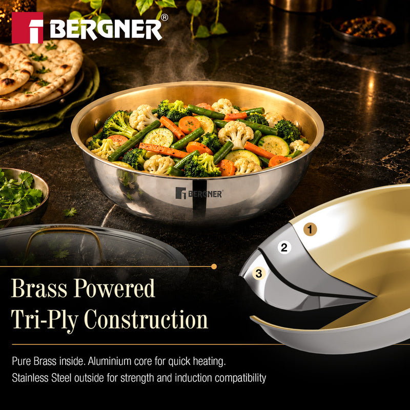 Bergner Suwarnam Triply Brass Tasra with Flat Glass Lid, 20cm (1.7L) | Induction