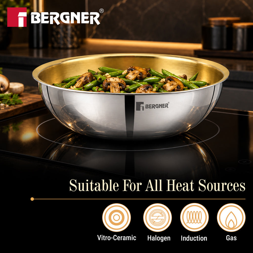 Bergner Suwarnam Triply Brass Tasra with Flat Glass Lid, 20cm (1.7L) | Induction