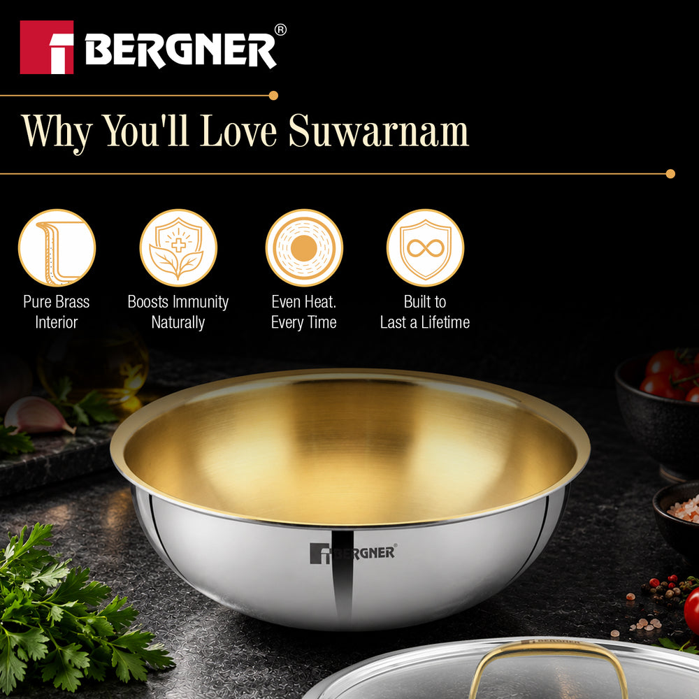 Bergner Suwarnam Triply Brass Tasra with Flat Glass Lid, 20cm (1.7L) | Induction