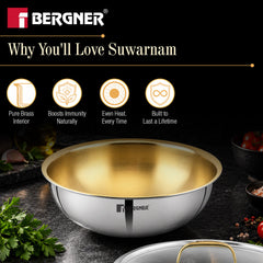 Bergner Suwarnam Triply Brass Tasra with Flat Glass Lid, 20cm (1.7L) | Induction