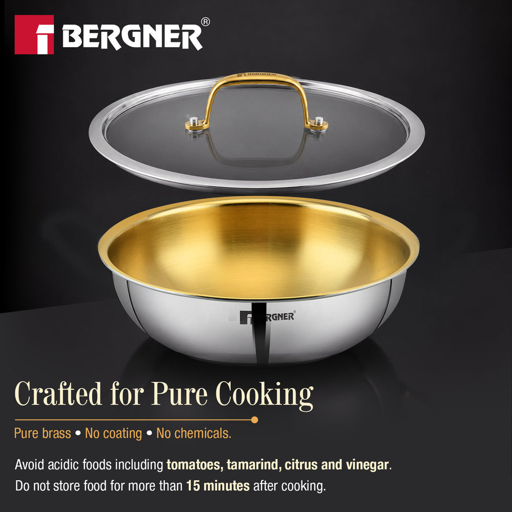 Bergner Suwarnam Triply Brass Tasra with Flat Glass Lid, 20cm (1.7L) | Induction