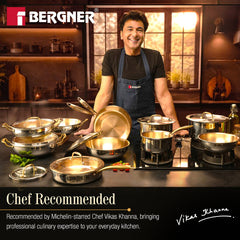 Bergner Suwarnam Triply Brass Tasra with Flat Glass Lid, 20cm (1.7L) | Induction
