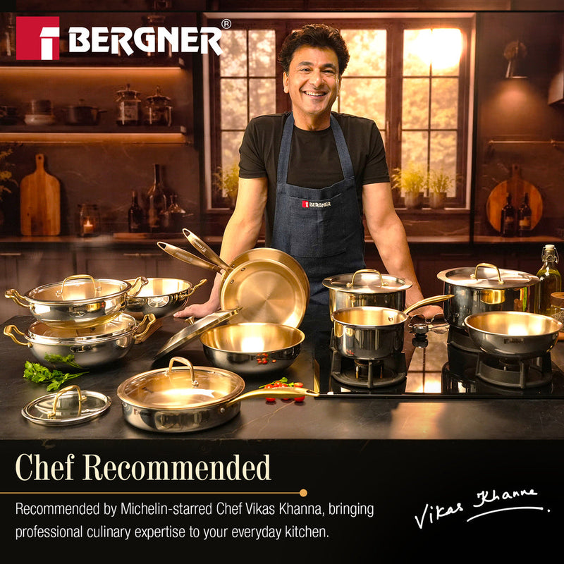 Bergner Suwarnam Triply Brass Tasra with Flat Glass Lid, 20cm (1.7L) | Induction